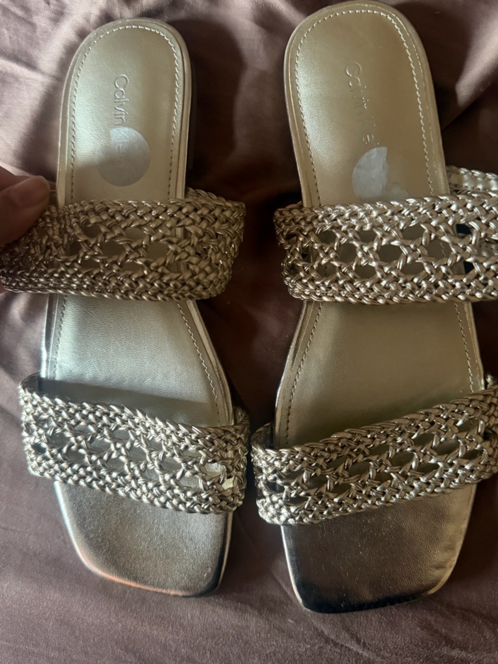 Calvin Klein Metallic Braided Double-Strap Slide Sandals in Gold